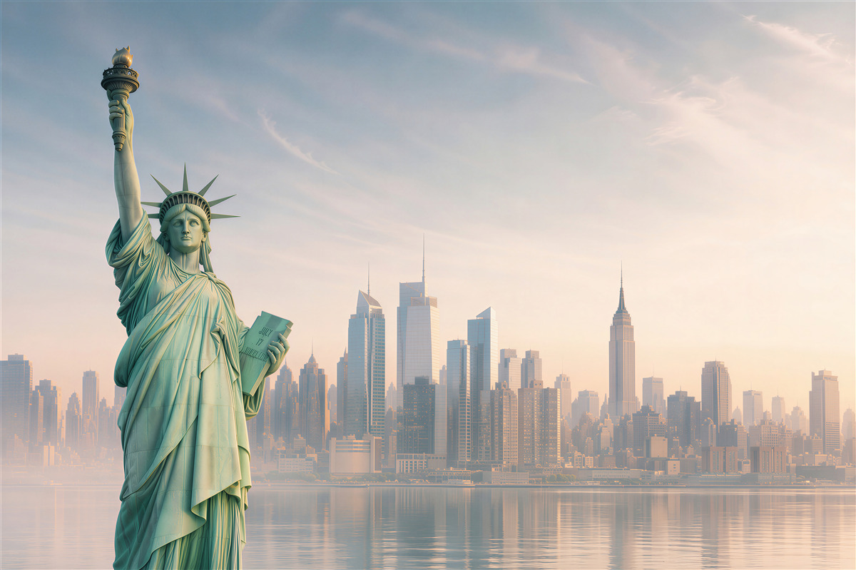 Fotobehang Vrijheidsbeeld met New York op de achtergrond