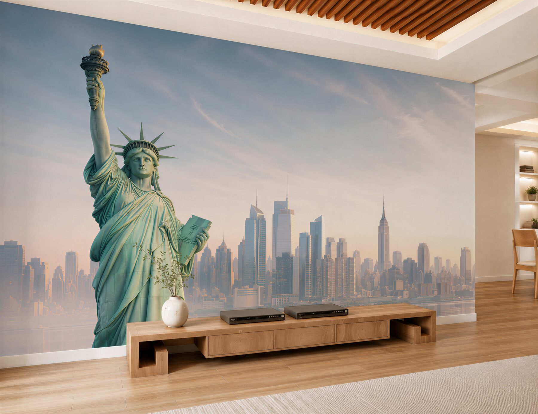 Fotobehang Vrijheidsbeeld met New York op de achtergrond