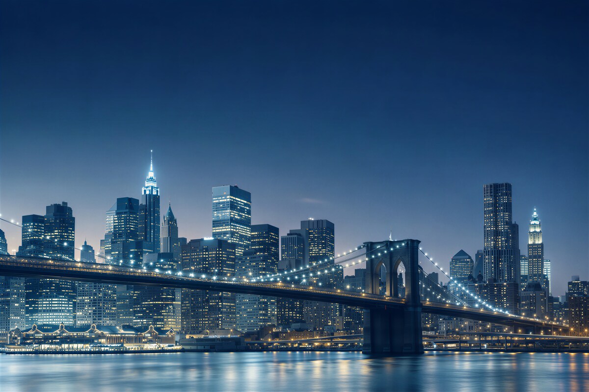Fotobehang Brooklyn Bridge 's nachts