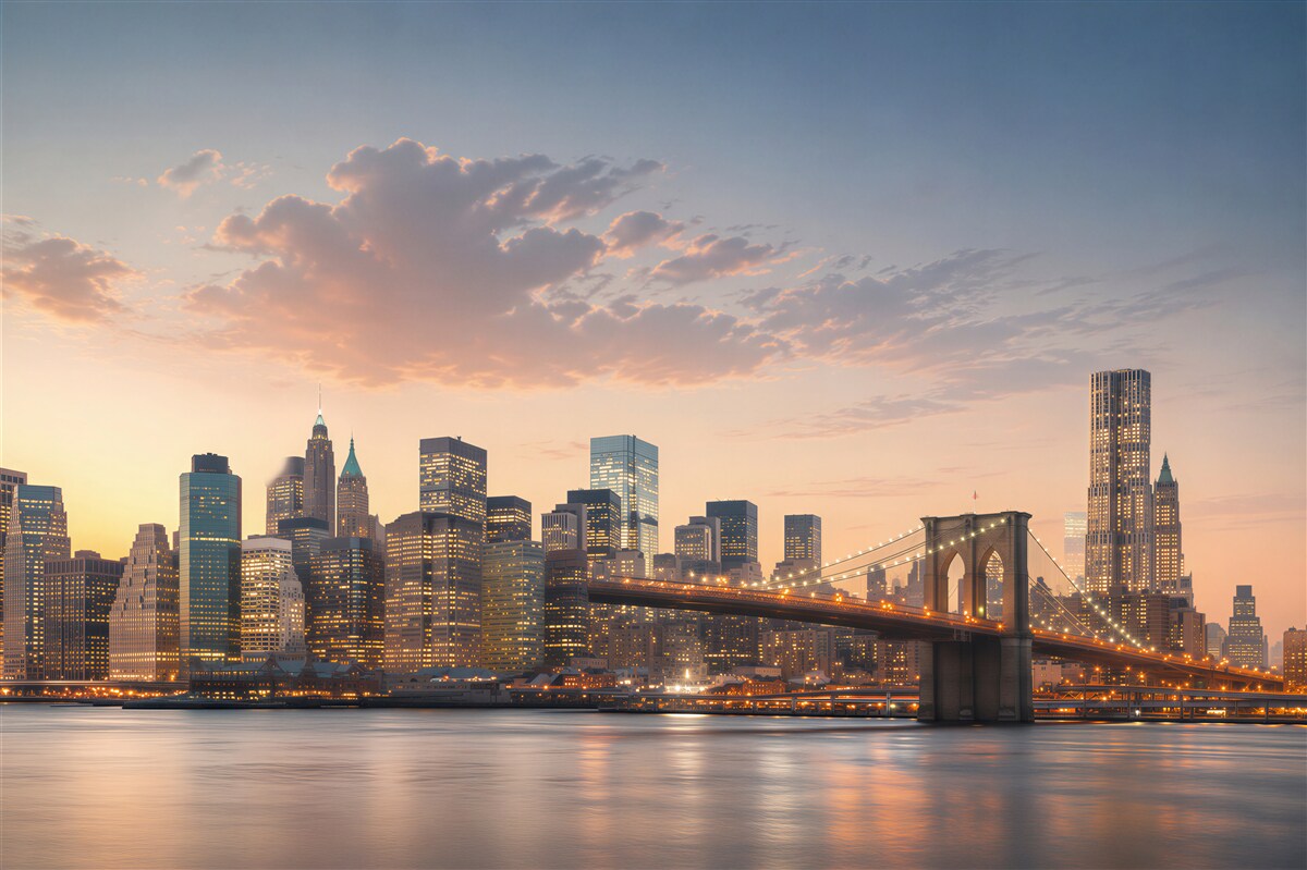 Fotobehang Brooklyn Bridge met de stad op de achtergrond 's nachts
