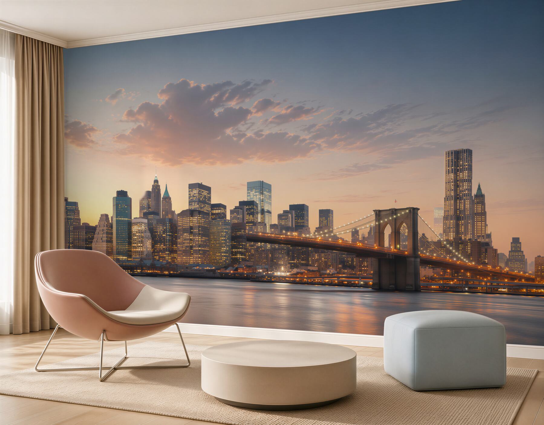 Fotobehang Brooklyn Bridge met de stad op de achtergrond 's nachts
