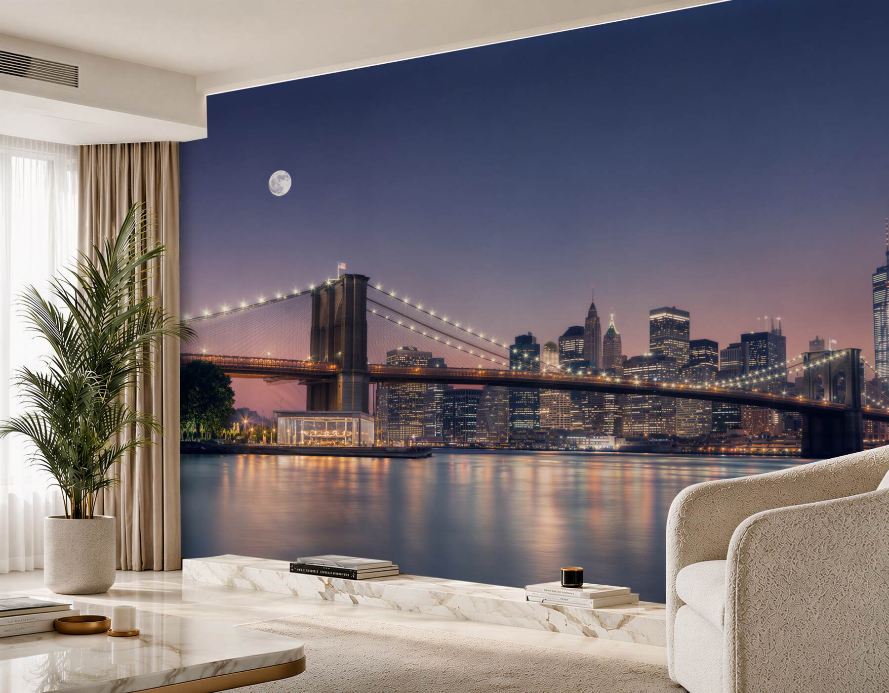 Fotobehang reflectie van de nachtelijke lichten van de stad in het water