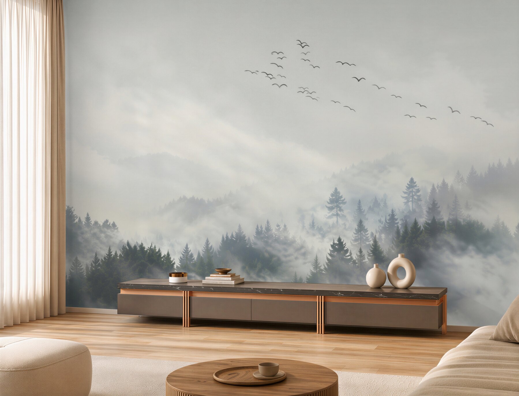 Fotobehang een groep vogels zoekt een warme plek in de mist
