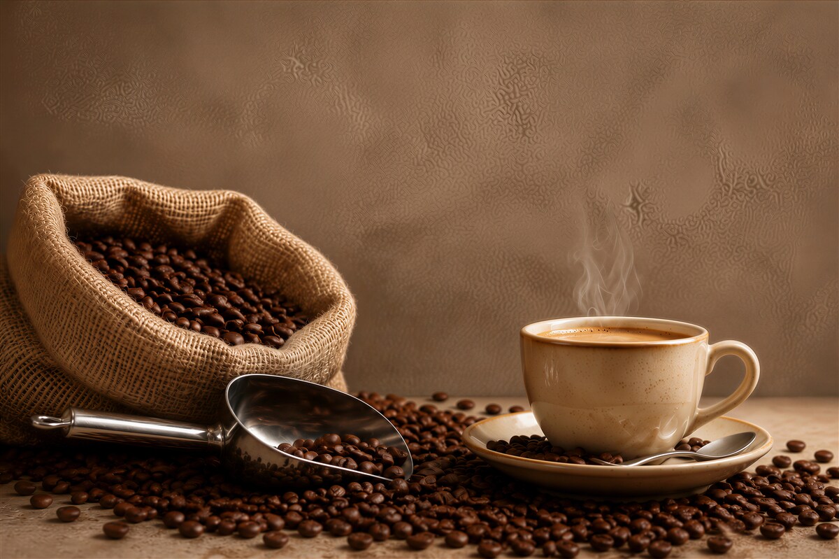 Fotobehang koffiebonen en kopje koffie