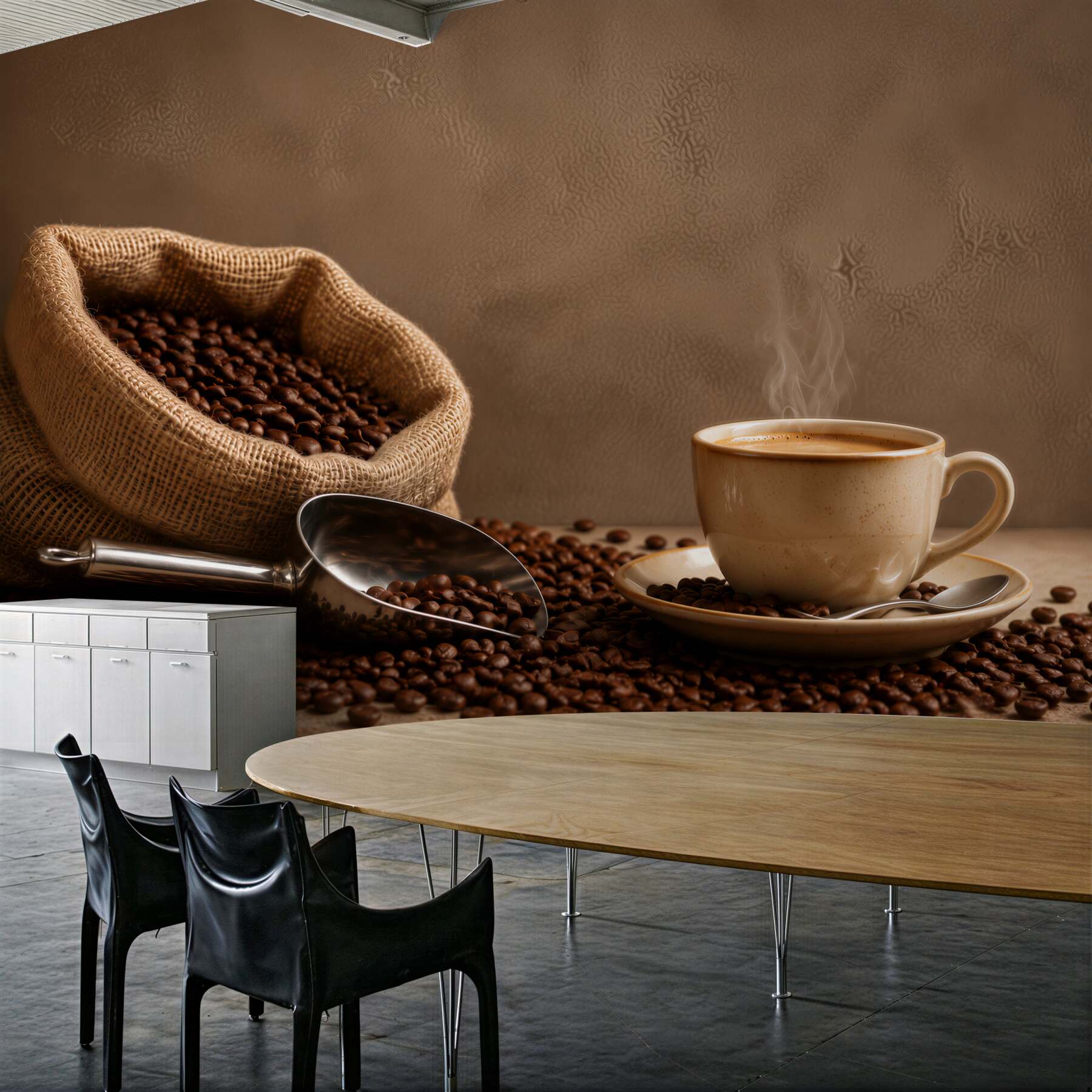 Fotobehang koffiebonen en kopje koffie