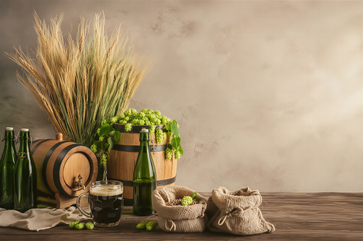 Fotobehang bier met productingrediënten