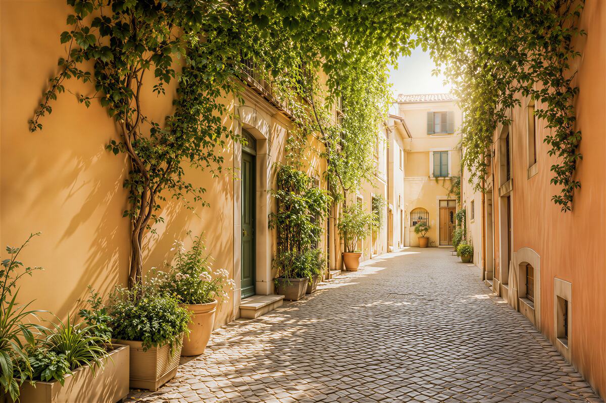 Fotobehang gezellige Italiaanse binnenplaats in het groen