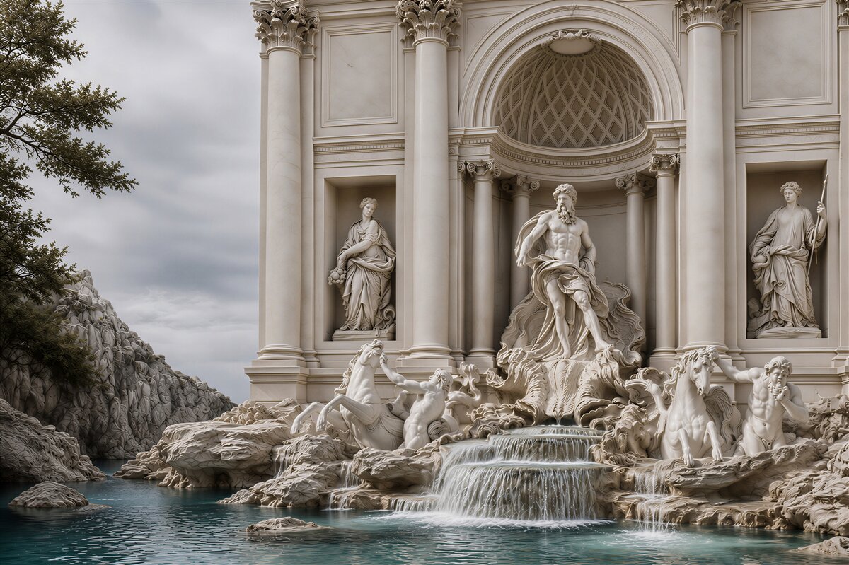 Fotobehang sculpturen bij de Trevi-fontein