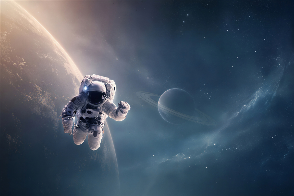 Fotobehang astronaut op de achtergrond van Jupiter