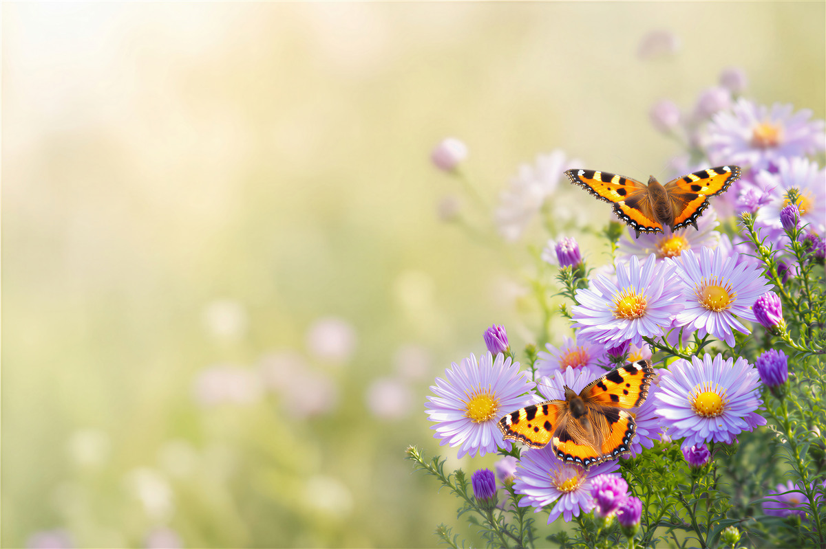 Fotobehang vlinders in blauwe margrieten