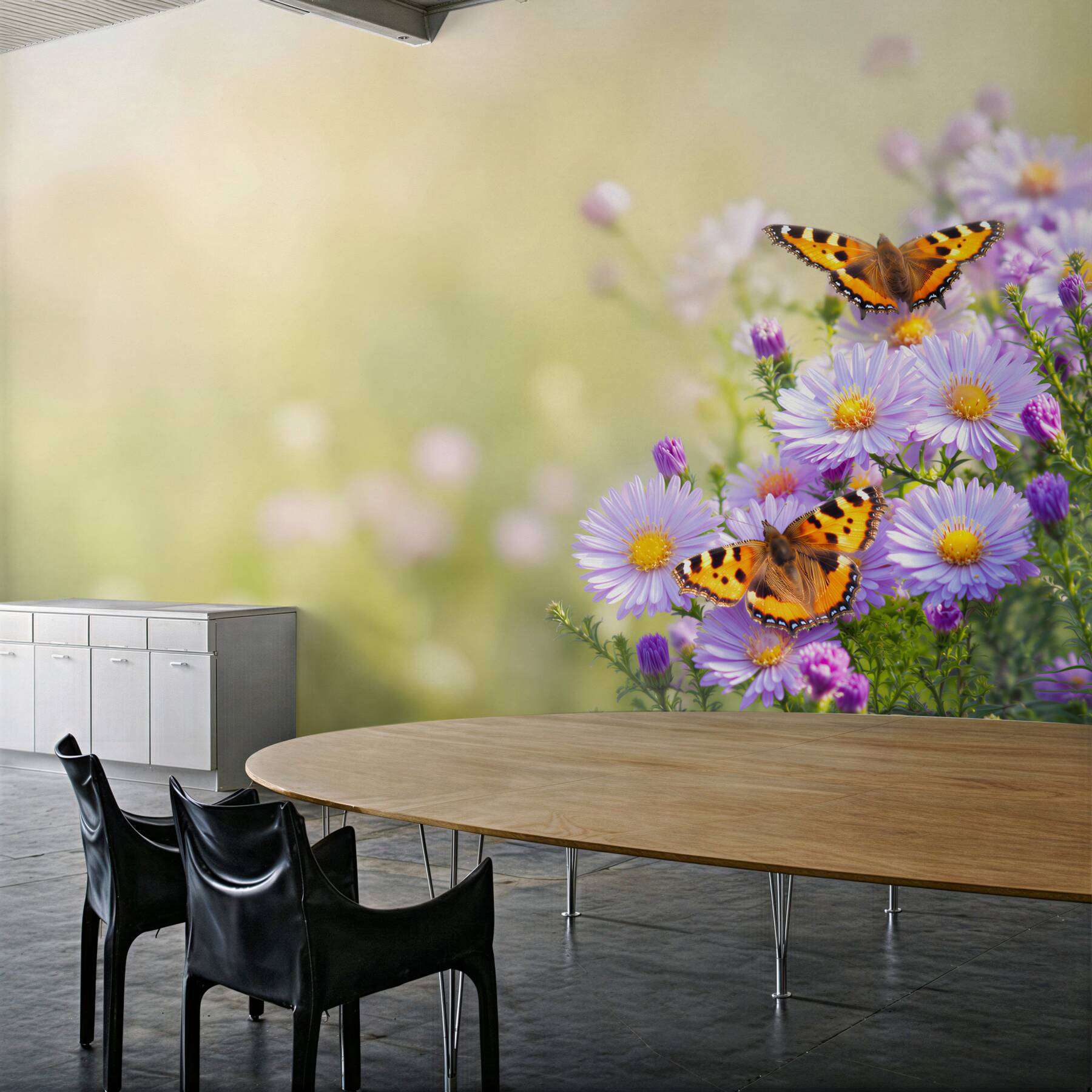 Fotobehang vlinders in blauwe margrieten