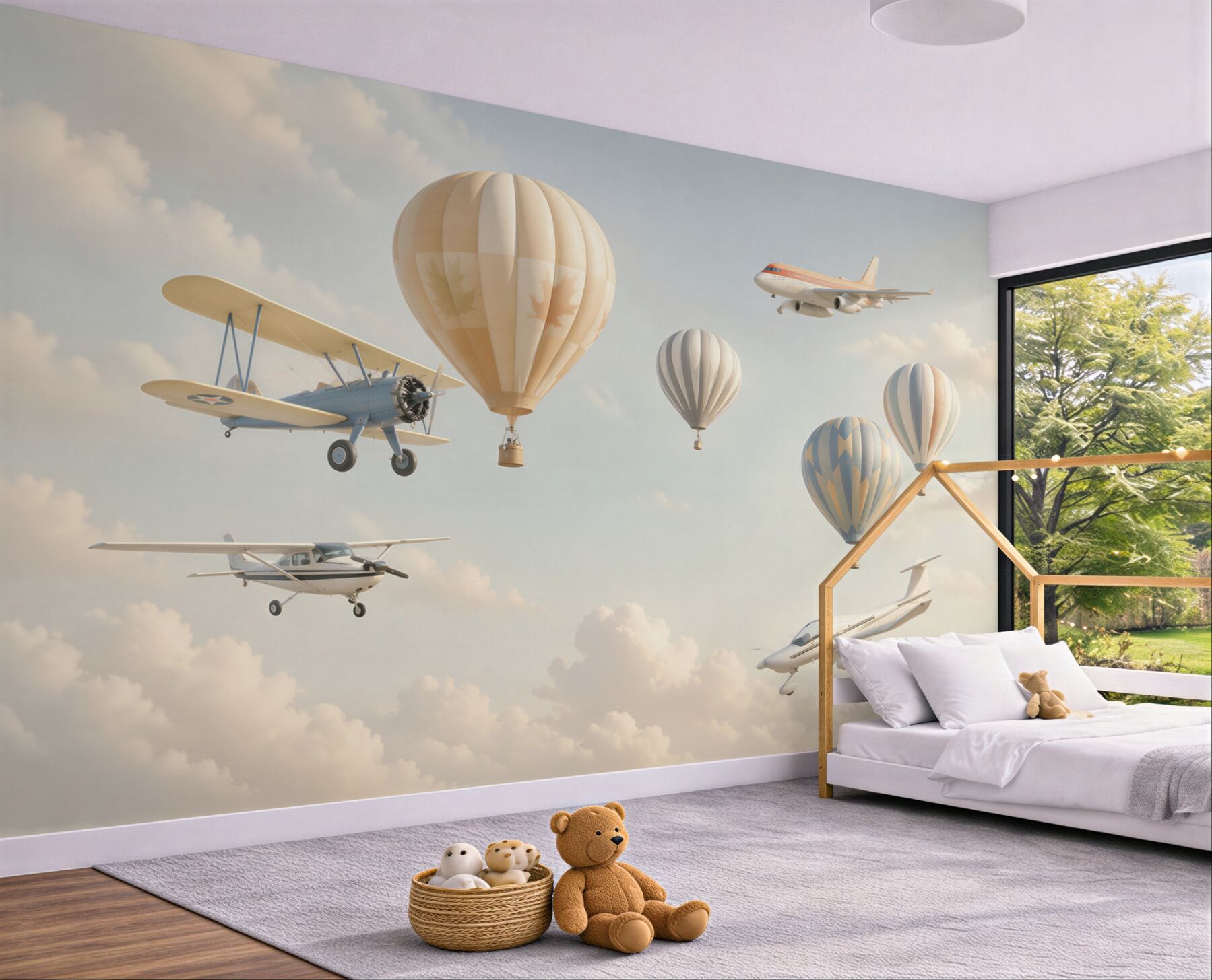 Fotobehang luchtwedstrijd van vliegtuigen en ballonnen