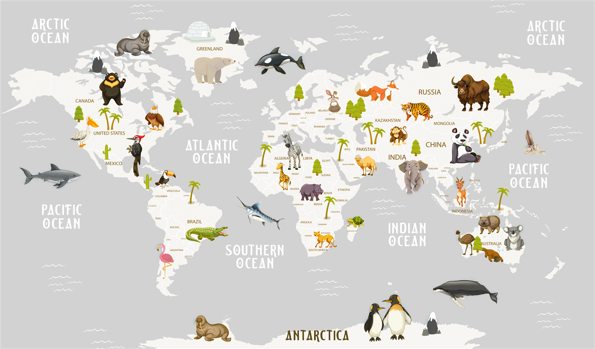 Fotobehang kaart van wilde dieren