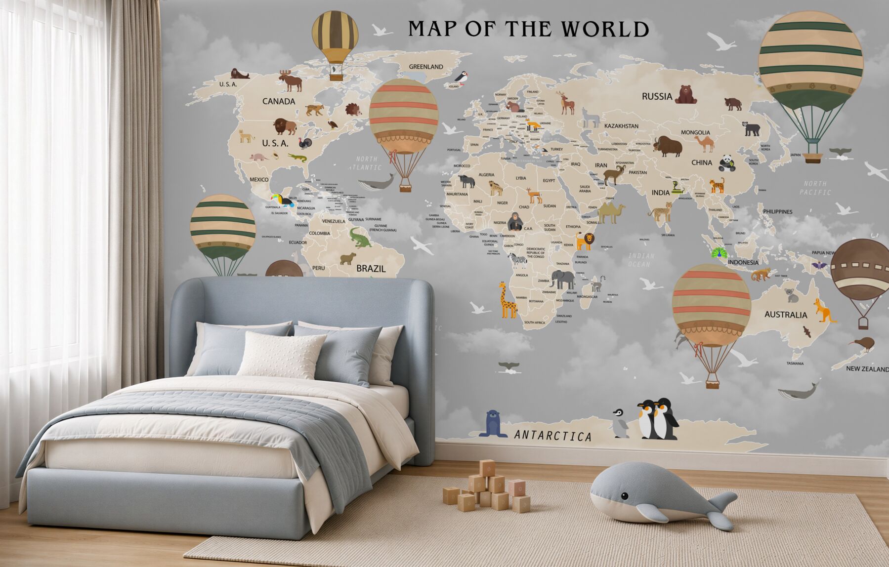 Fotobehang wereldkaart en ballonnen