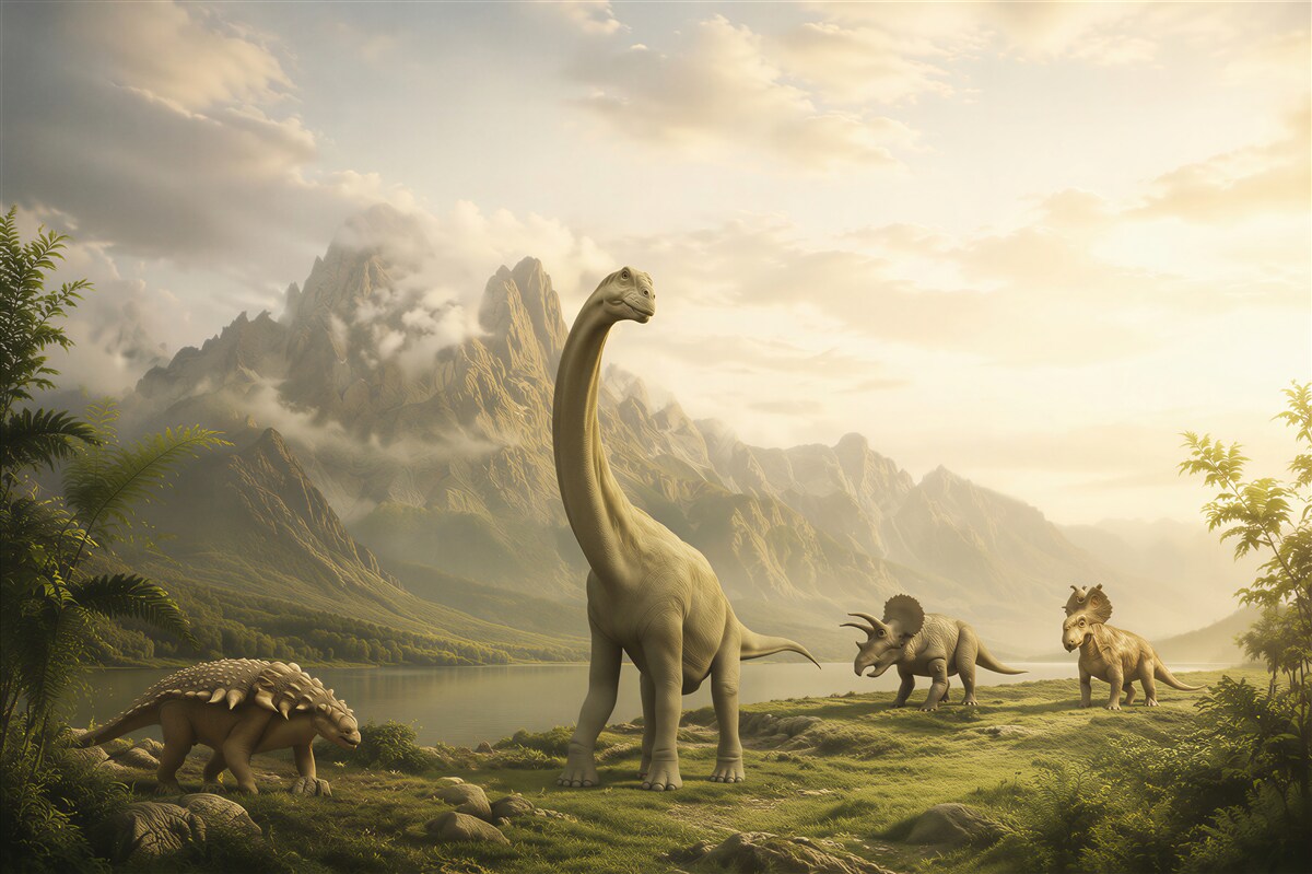 Fotobehang dinosaurussen komen drinken