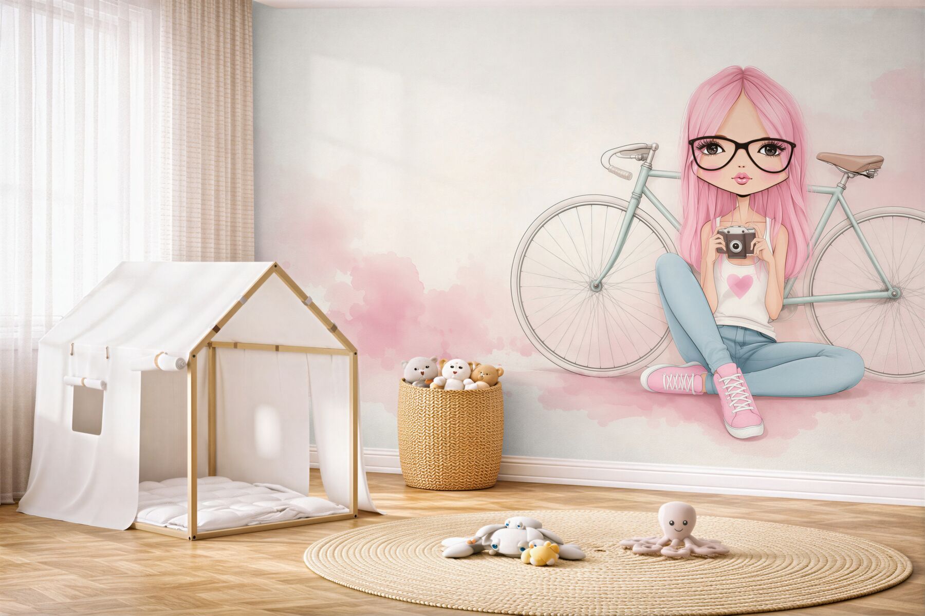 Fotobehang stijlvolle meisje met een fiets