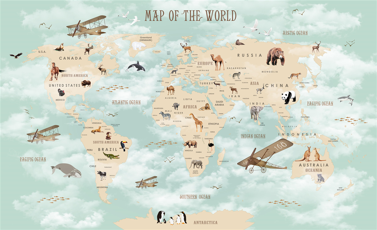 Fotobehang fauna op de wereldkaart