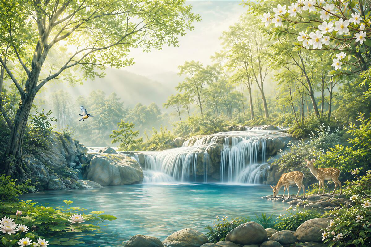 Fotobehang sprookjesachtige natuur bij een zomerwaterval