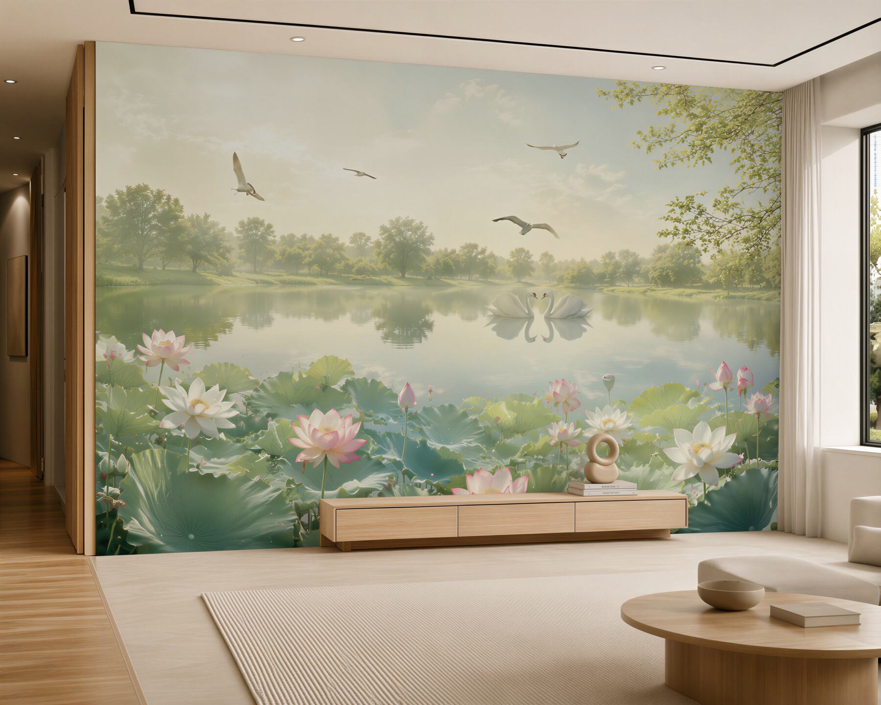 Fotobehang paar zwanen op een meer met waterlelies
