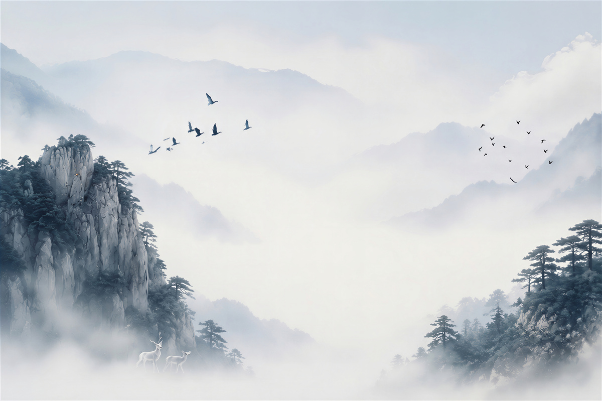 Fotobehang vogels stijgen hoog op uit de koude mist