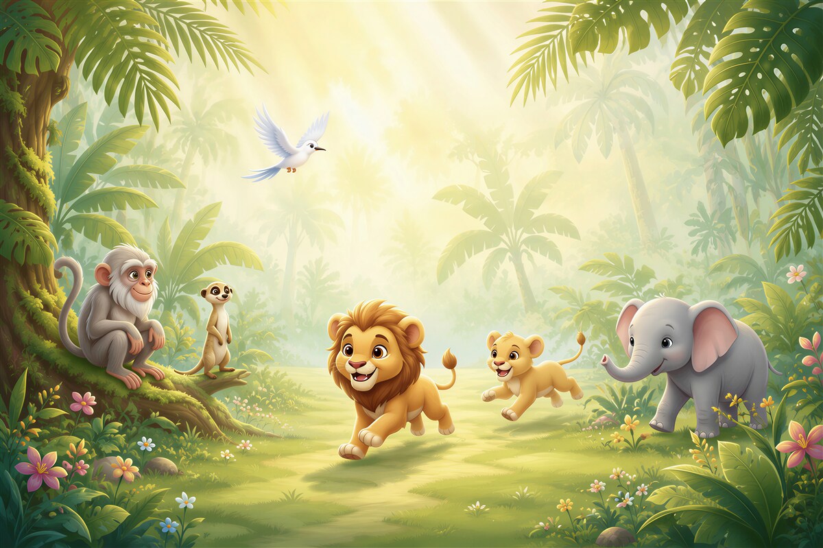 Fotobehang de leeuwenkoning met zijn vrienden in de jungle