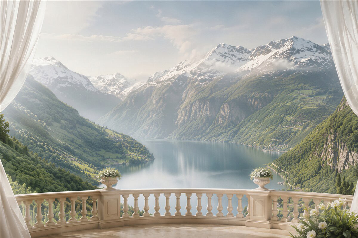 Fotobehang bergterras met meer