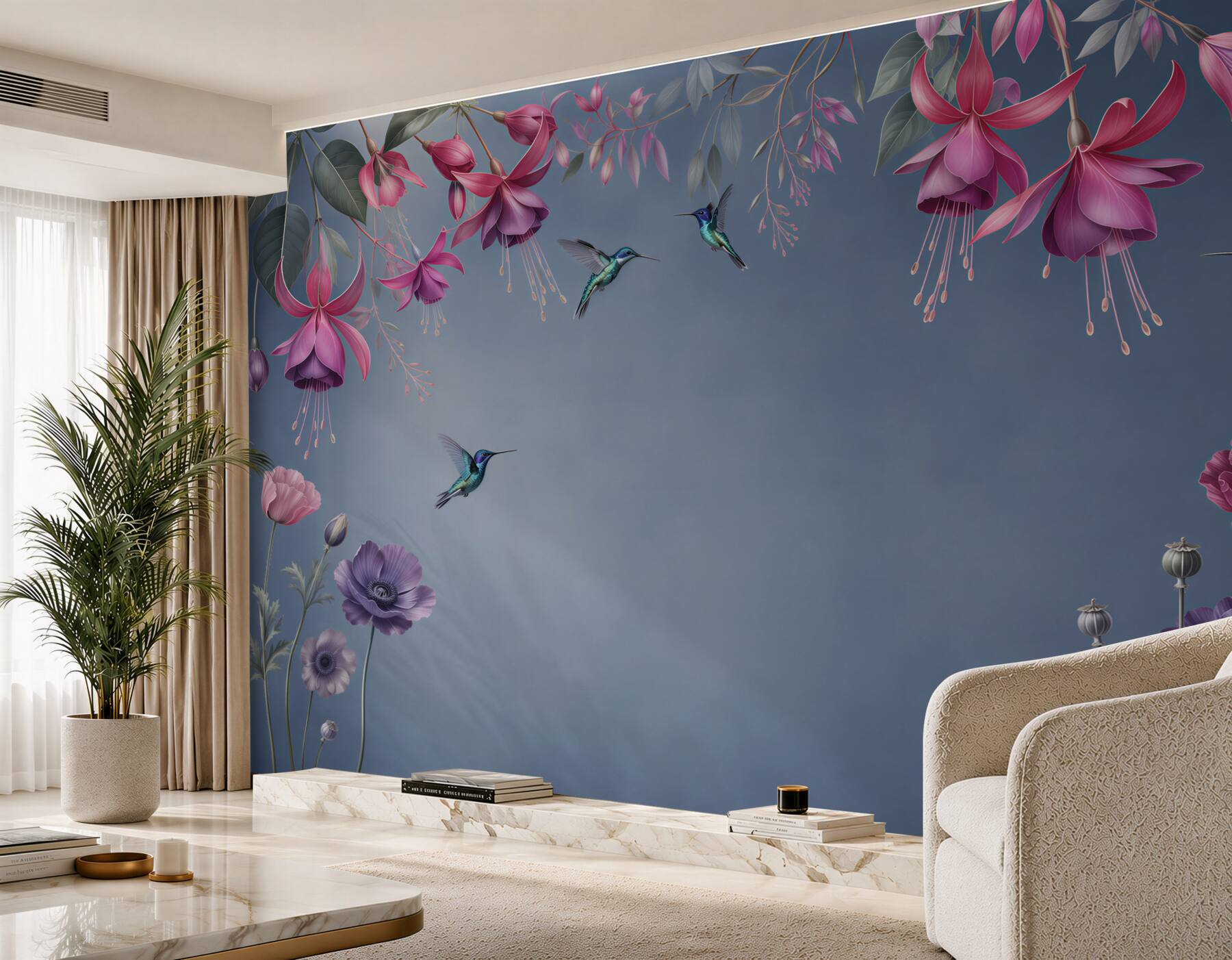 Fotobehang kolibries die nectar uit bloemen drinken