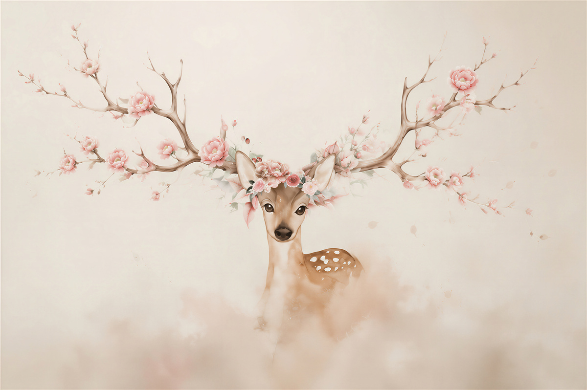 Fotobehang schattig hert met bloemen op de hoorns