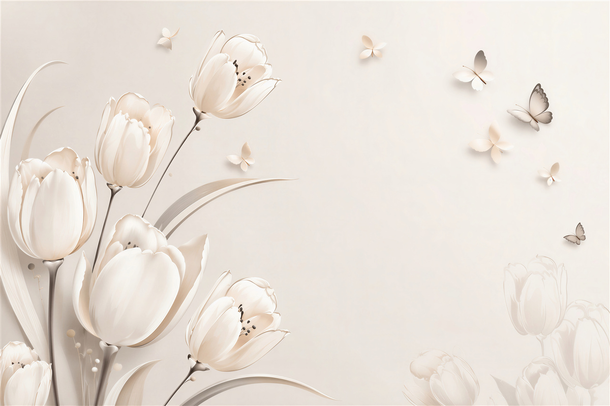 Fotobehang witte tulpen en vlinders