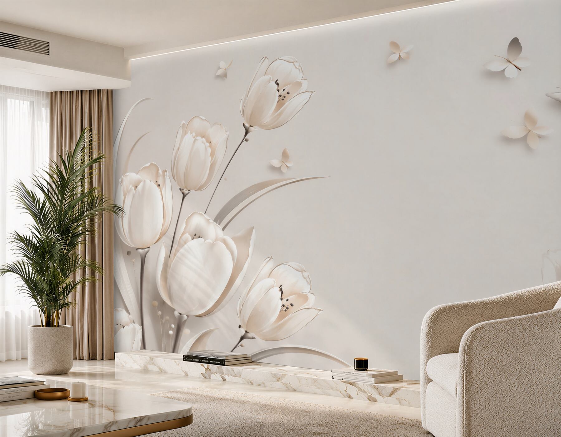 Fotobehang witte tulpen en vlinders