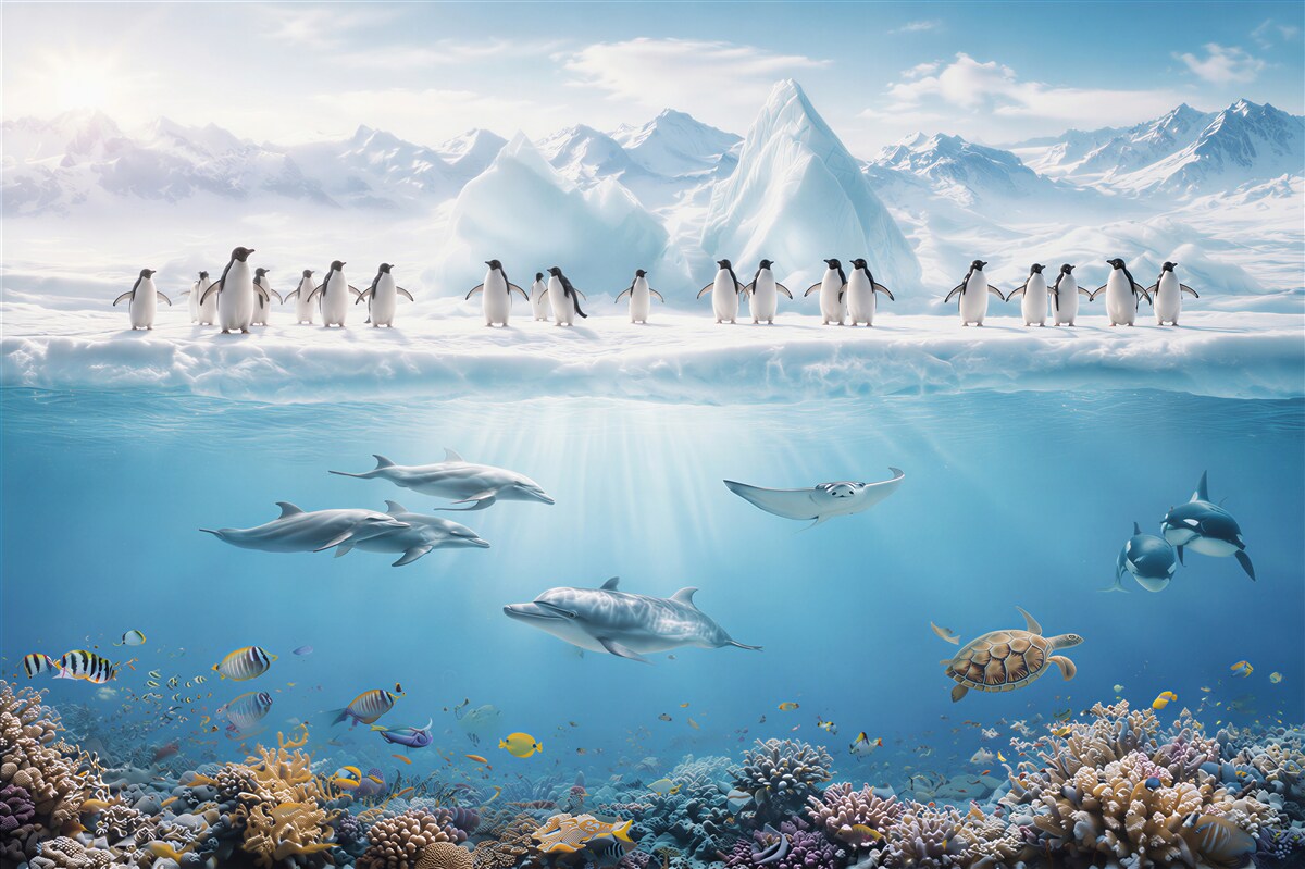 Fotobehang pinguïns en dolfijnen in koraalriffen