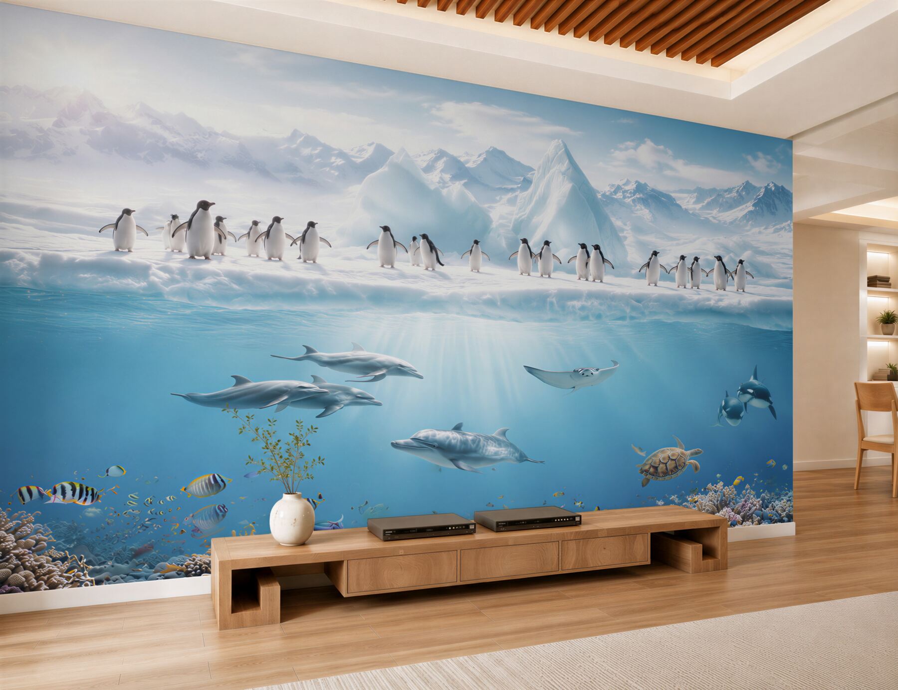 Fotobehang pinguïns en dolfijnen in koraalriffen