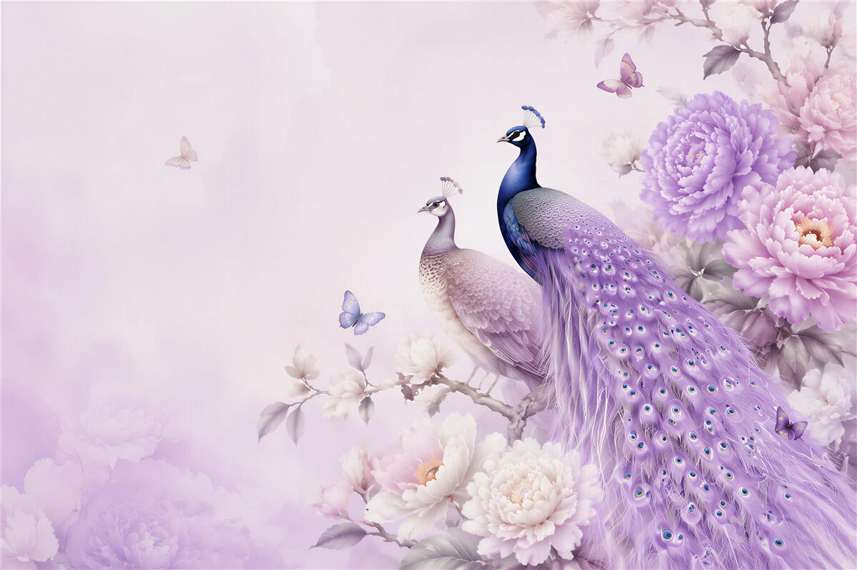 Fotobehang twee paarse pauwen tussen bloemen