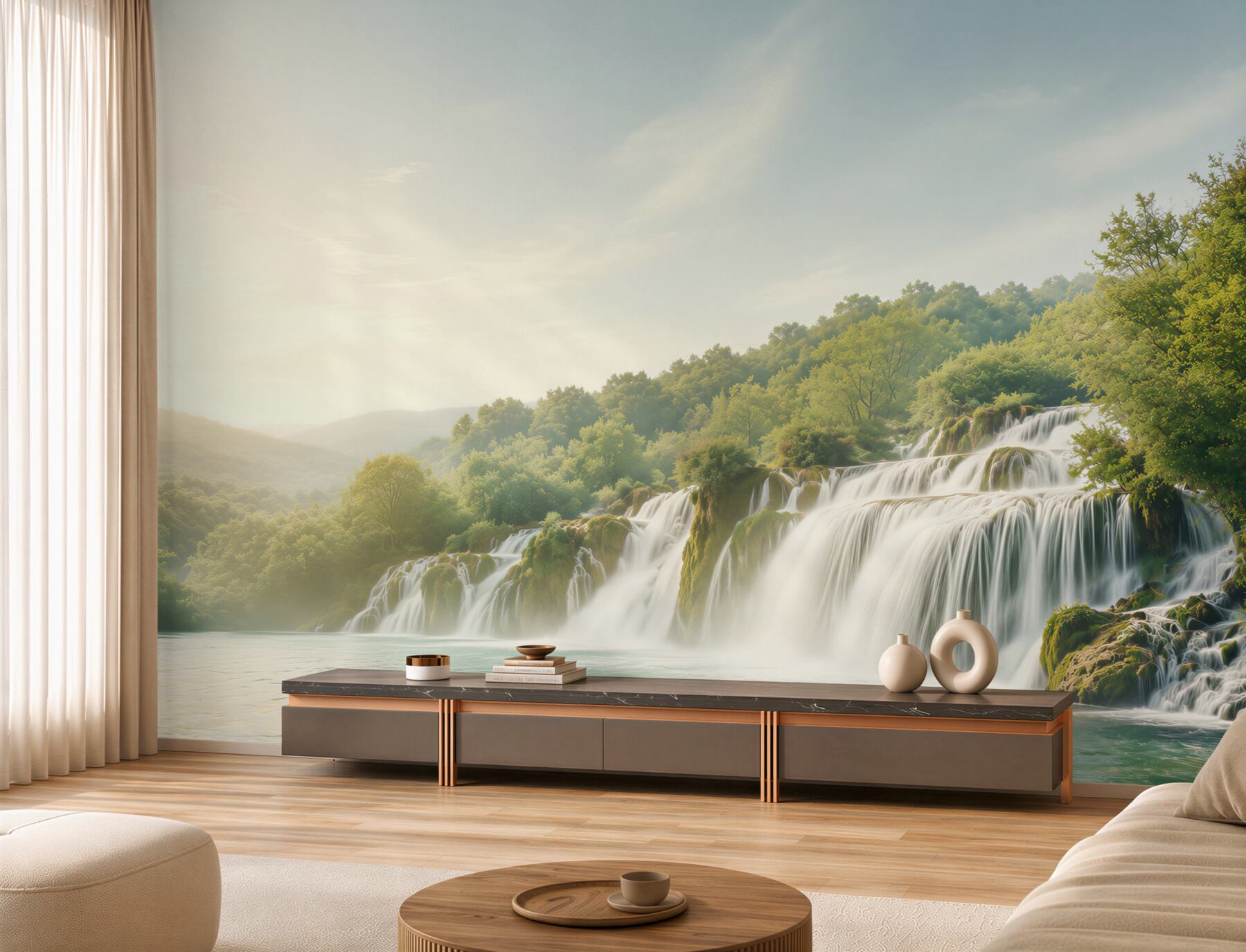 Fotobehang boslandschappen en bulderende waterval