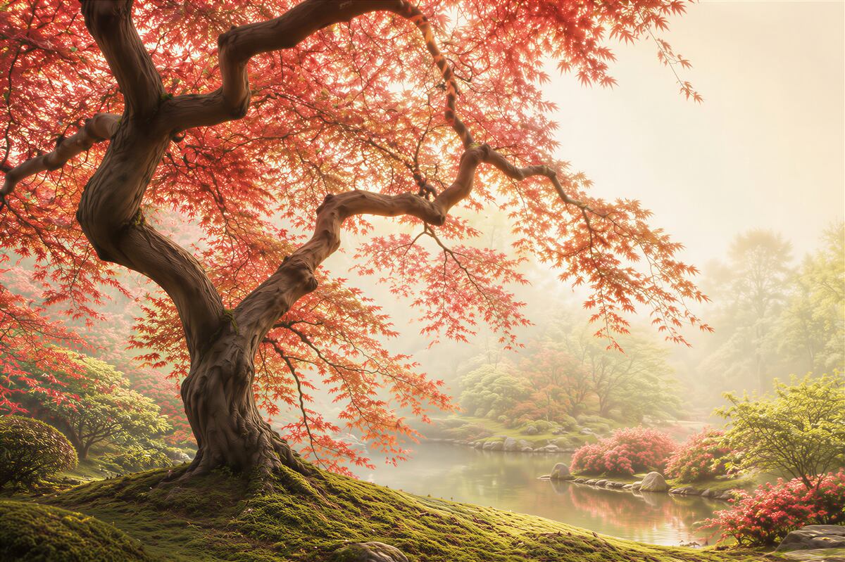 Fotobehang Japanse esdoorn in de herfst bij het meer