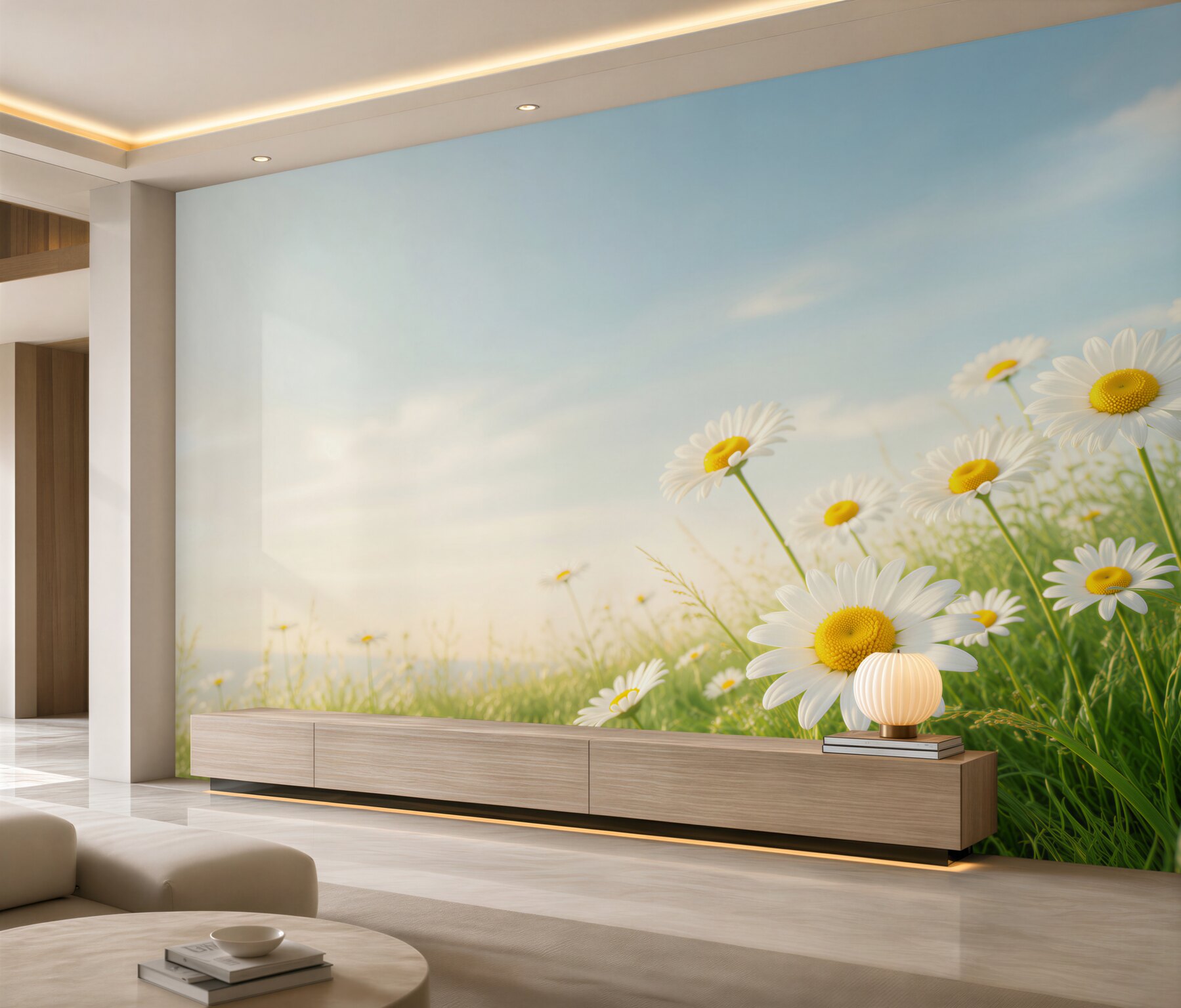 Fotobehang witte madeliefjes uit de wei