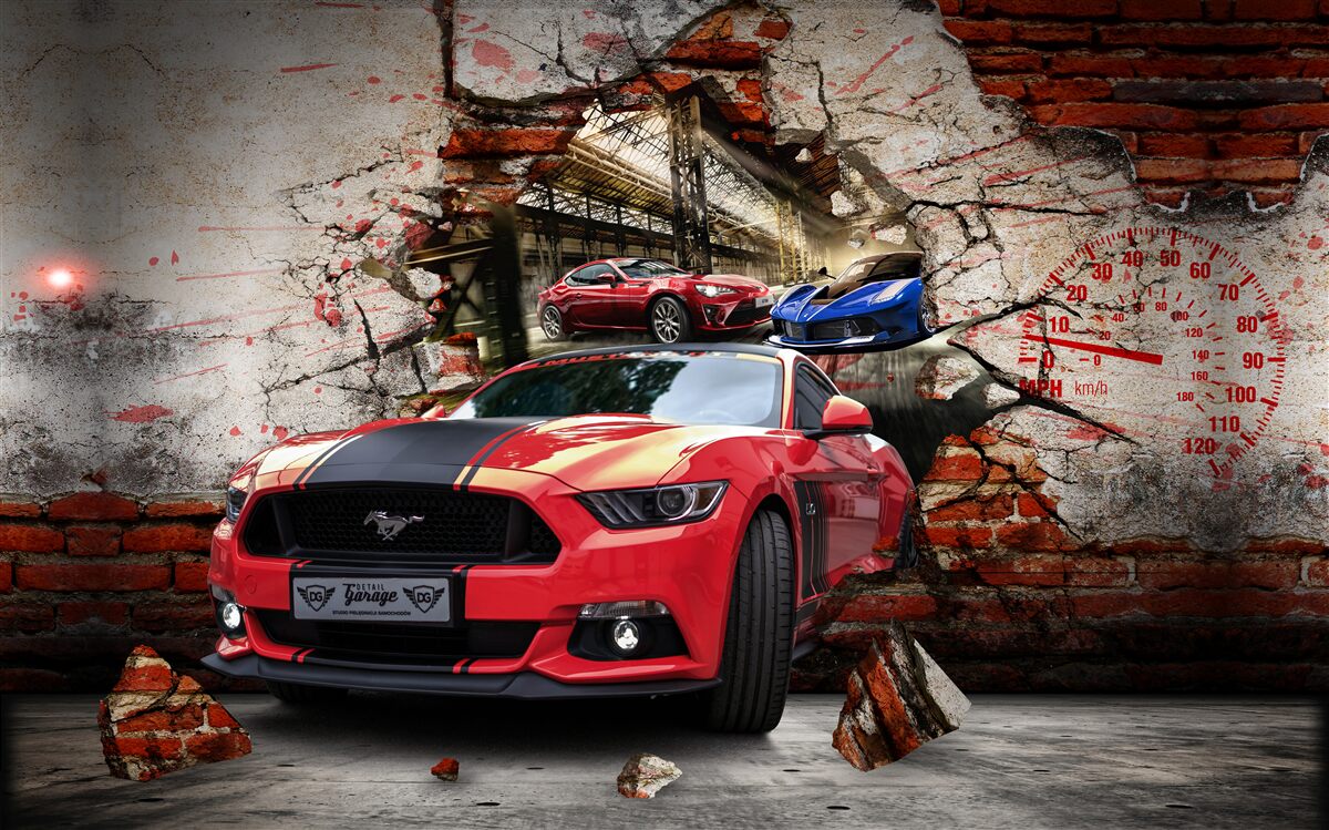 Fotobehang rode mustang op de muur