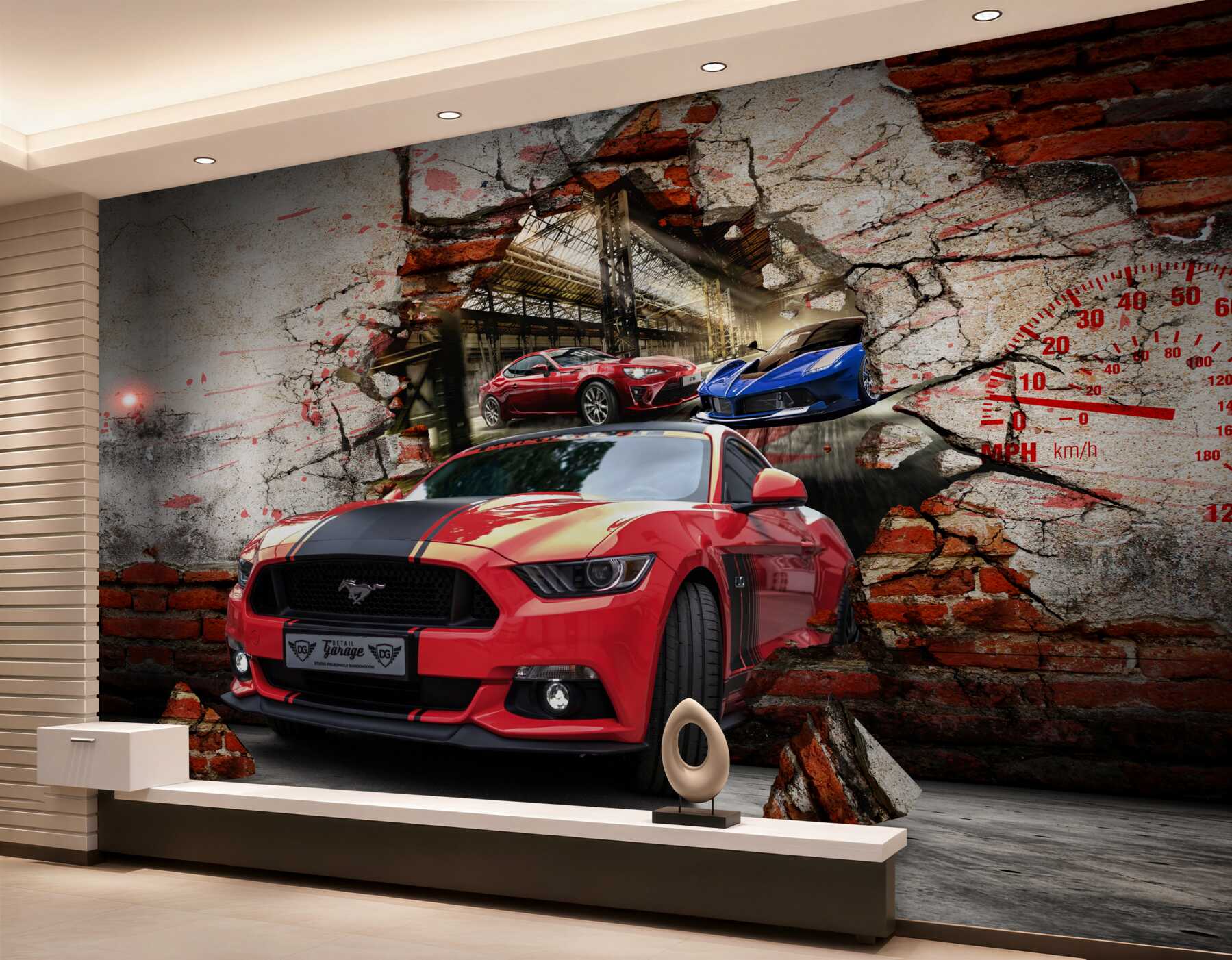 Fotobehang rode mustang op de muur