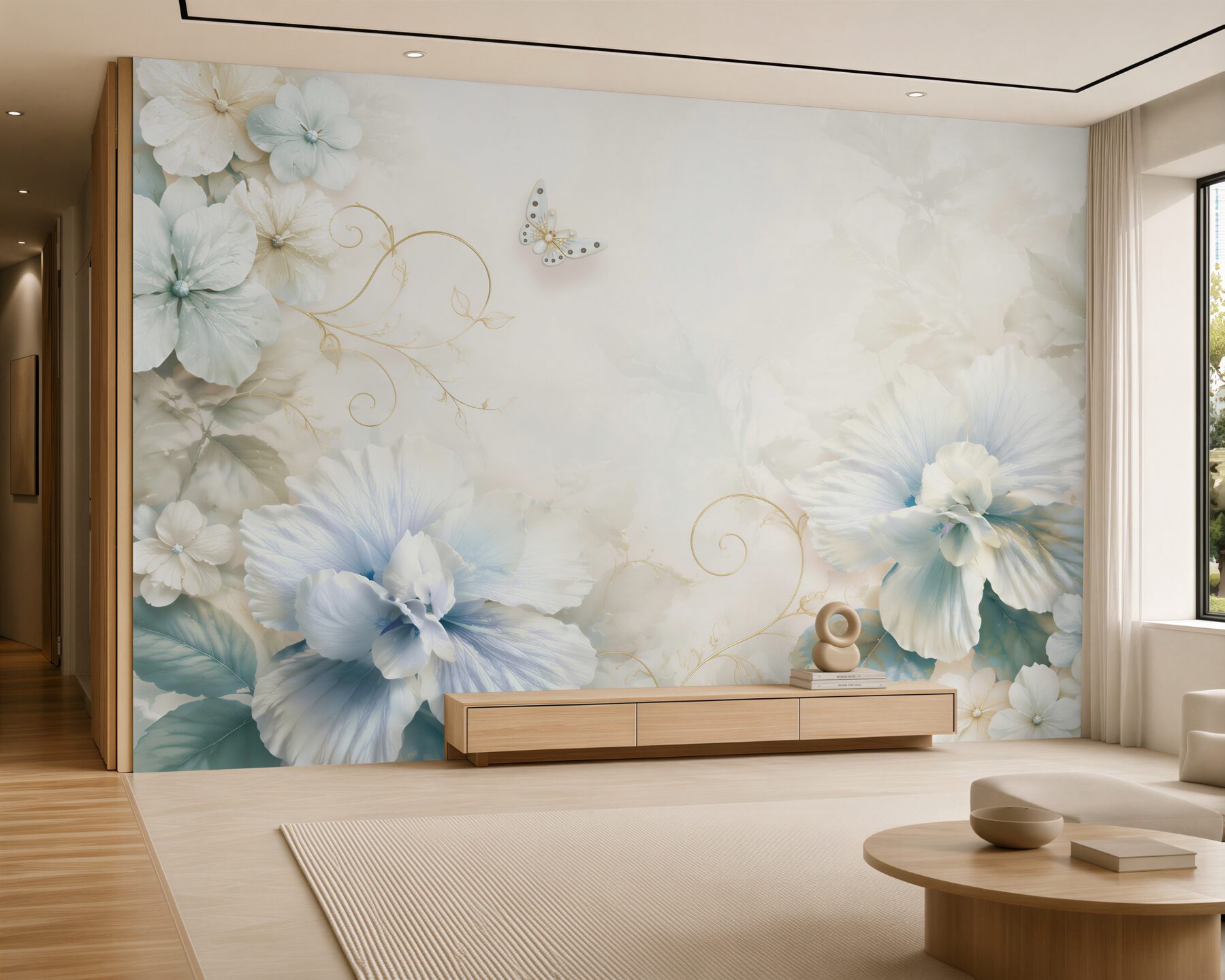 Fotobehang turquoise bloemen en vlinders