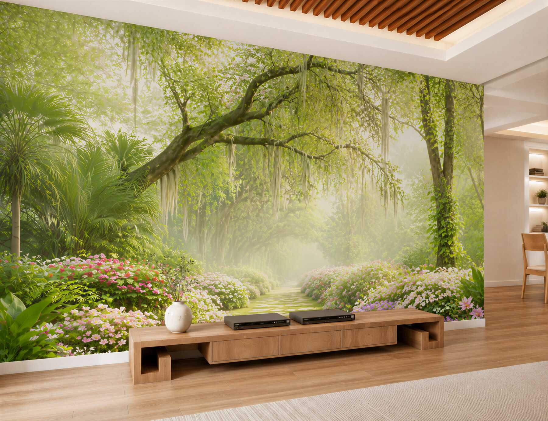 Fotobehang pad in bloemen leidend naar een groene bos