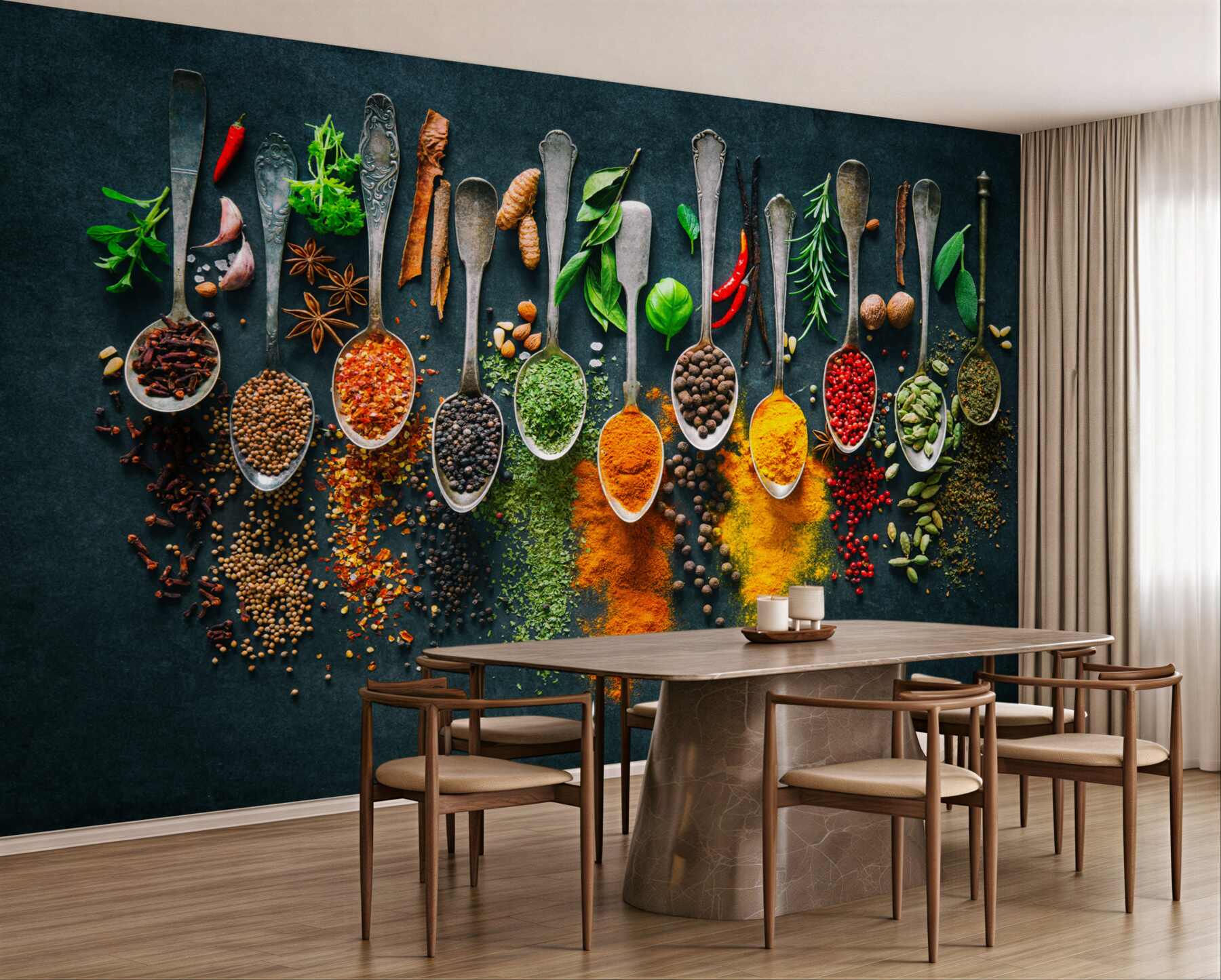 Fotobehang diverse specerijen in lepels