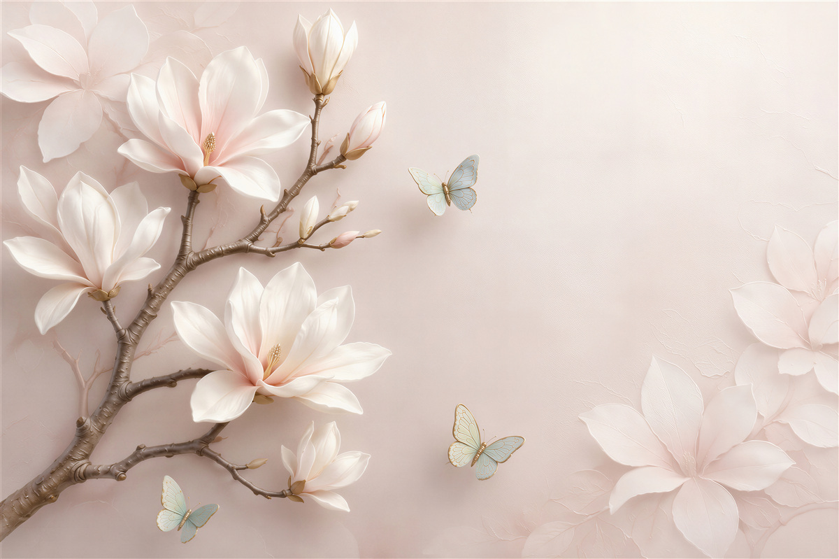 Fotobehang witte bloemen en blauwe vlinders