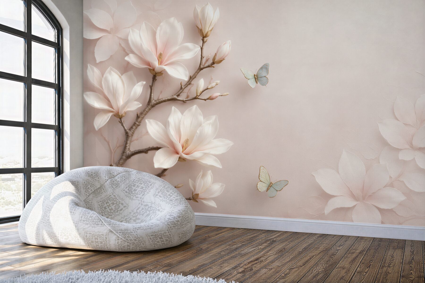 Fotobehang witte bloemen en blauwe vlinders