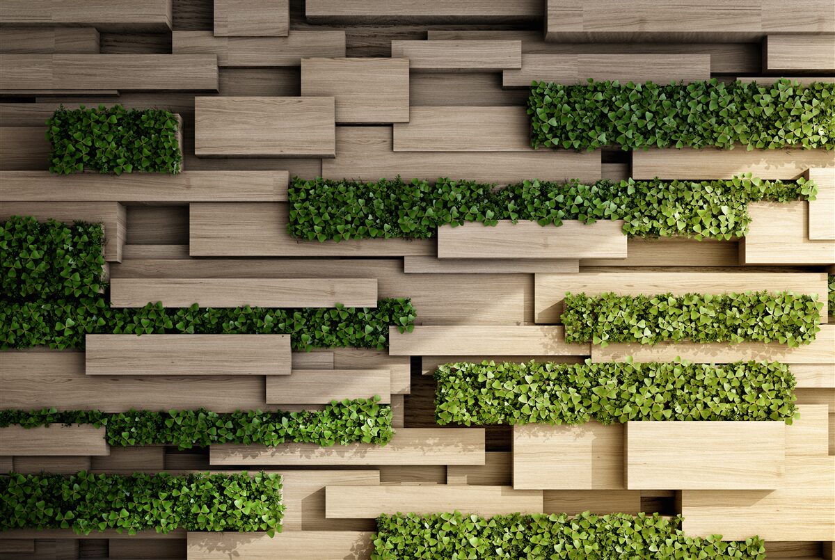 Fotobehang stenen muur met groene ruimtes