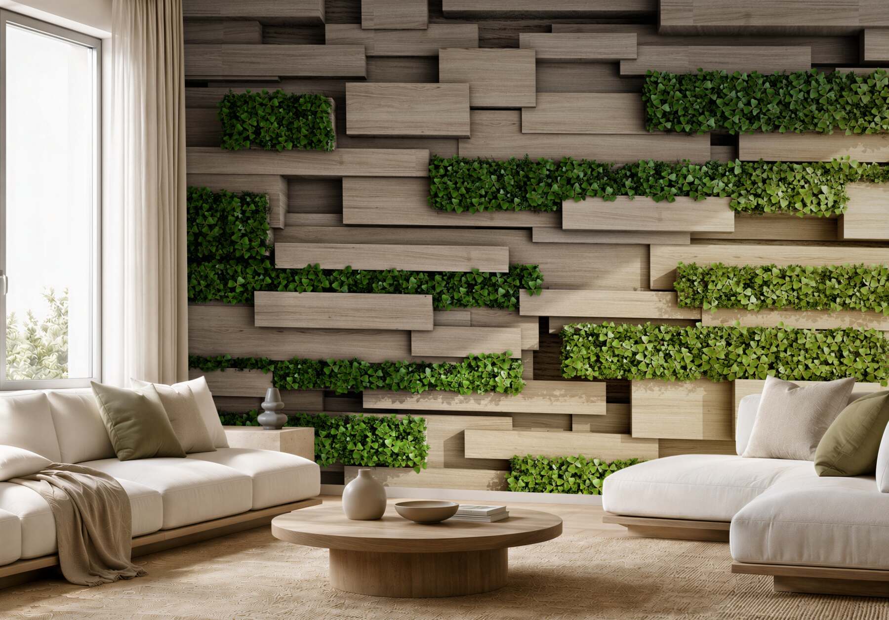Fotobehang stenen muur met groene ruimtes