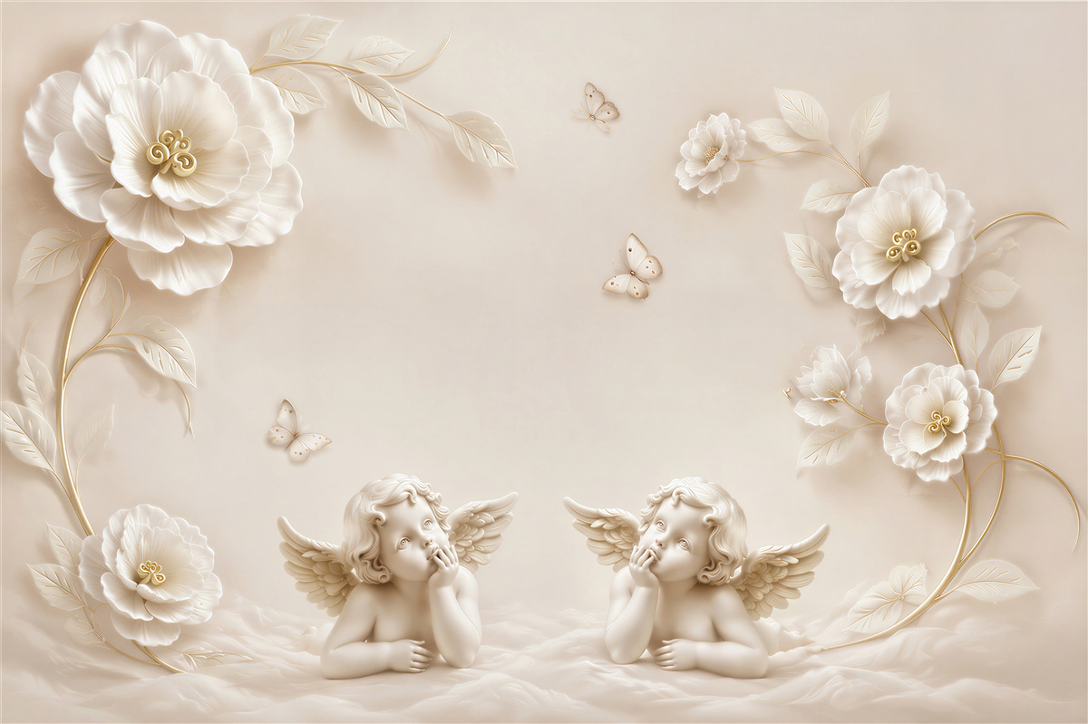 Fotobehang Twee engelen, witte rozen en vlinders