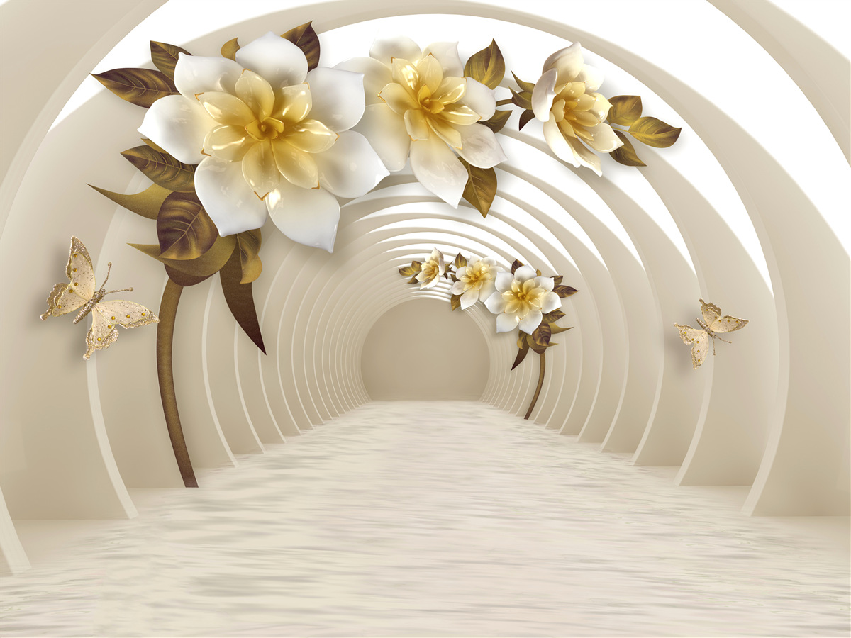 Fotobehang witte lotus bloemen met goud in perspectief