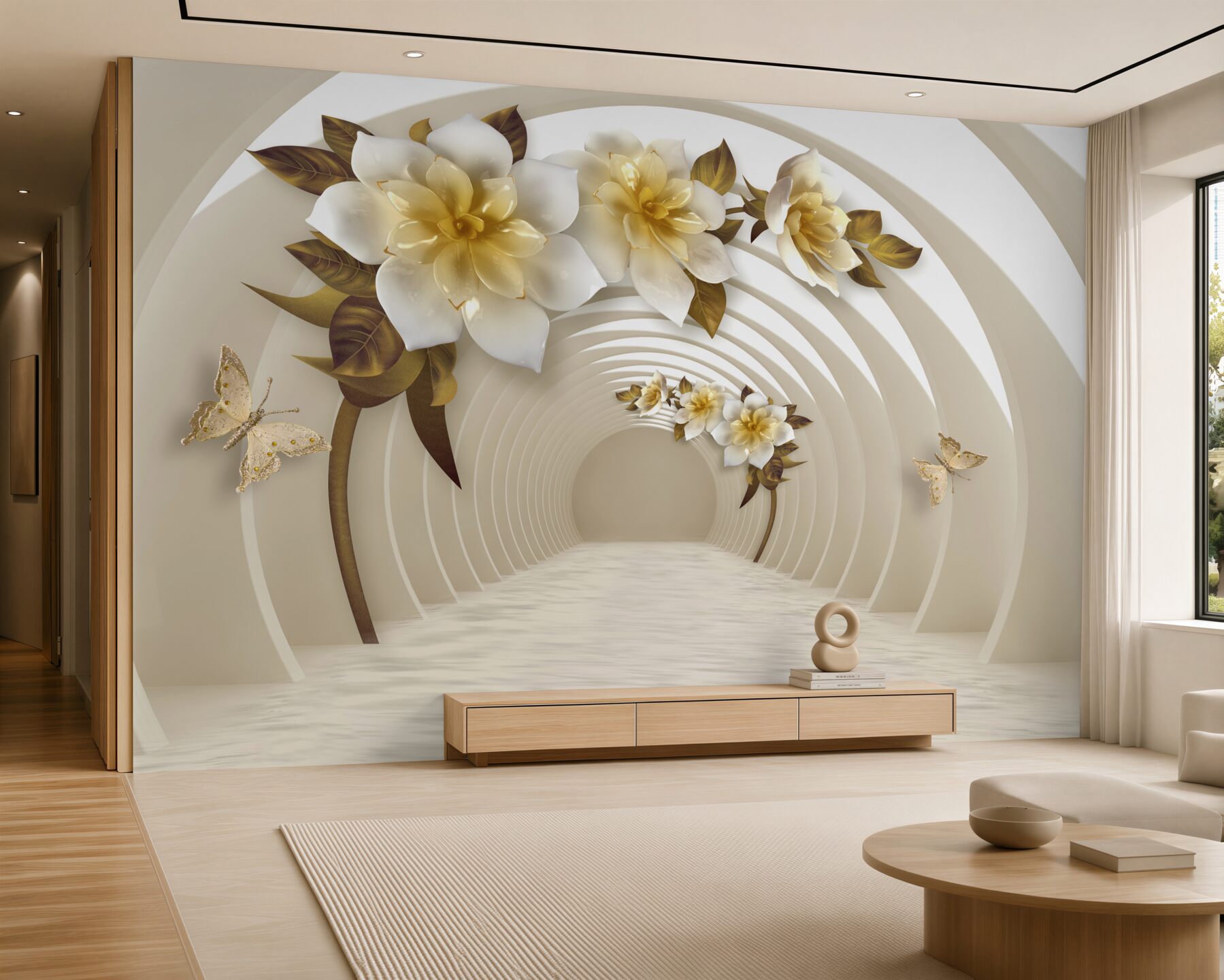 Fotobehang witte lotus bloemen met goud in perspectief