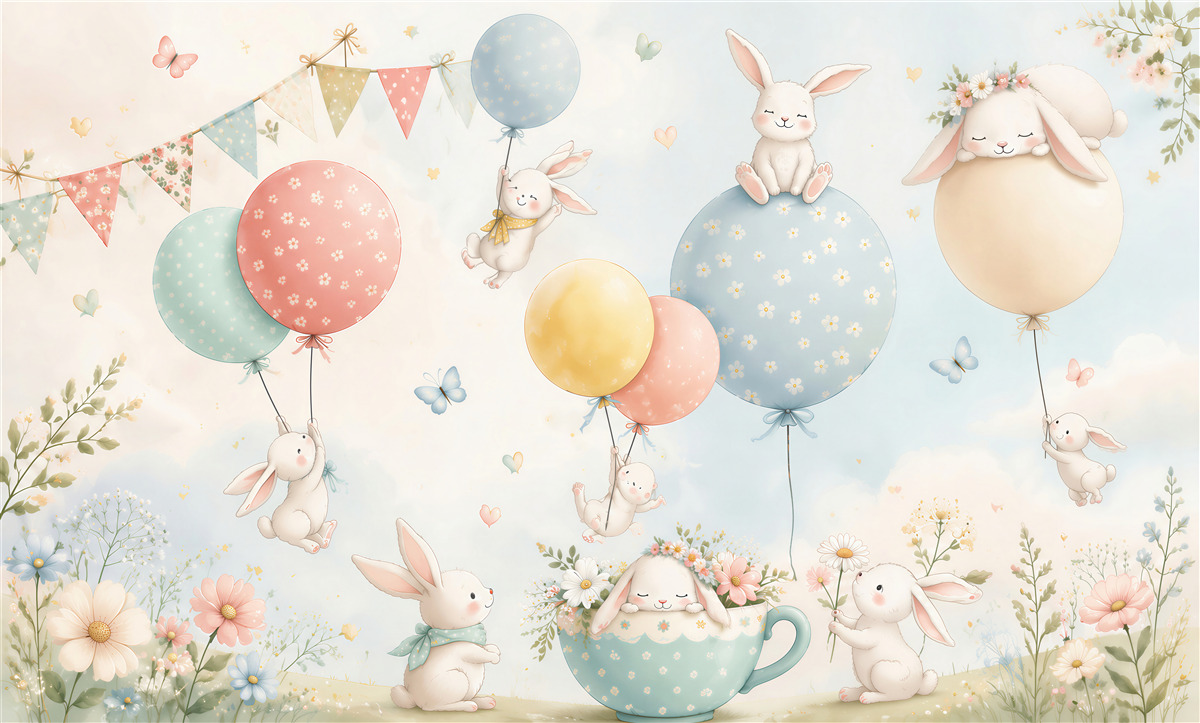 Fotobehang witte konijntjes in ballonnen