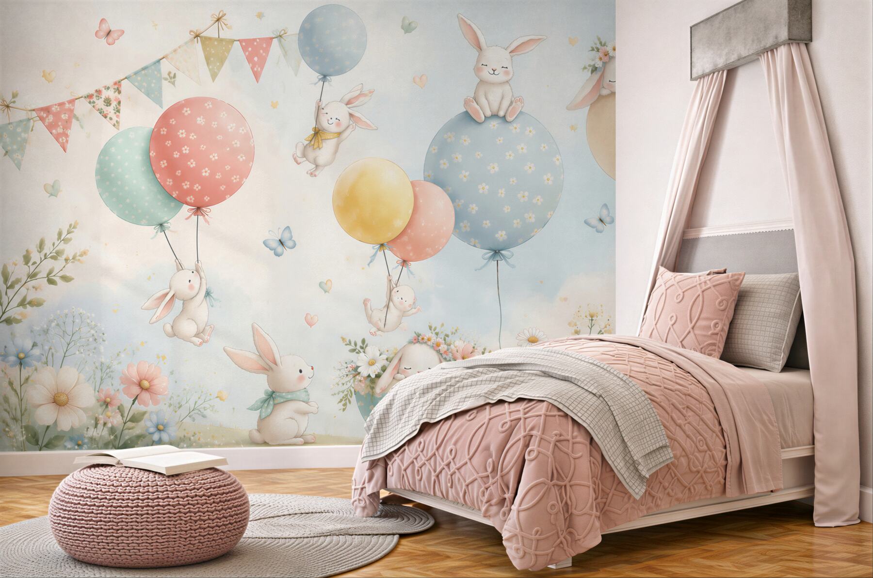 Fotobehang witte konijntjes in ballonnen